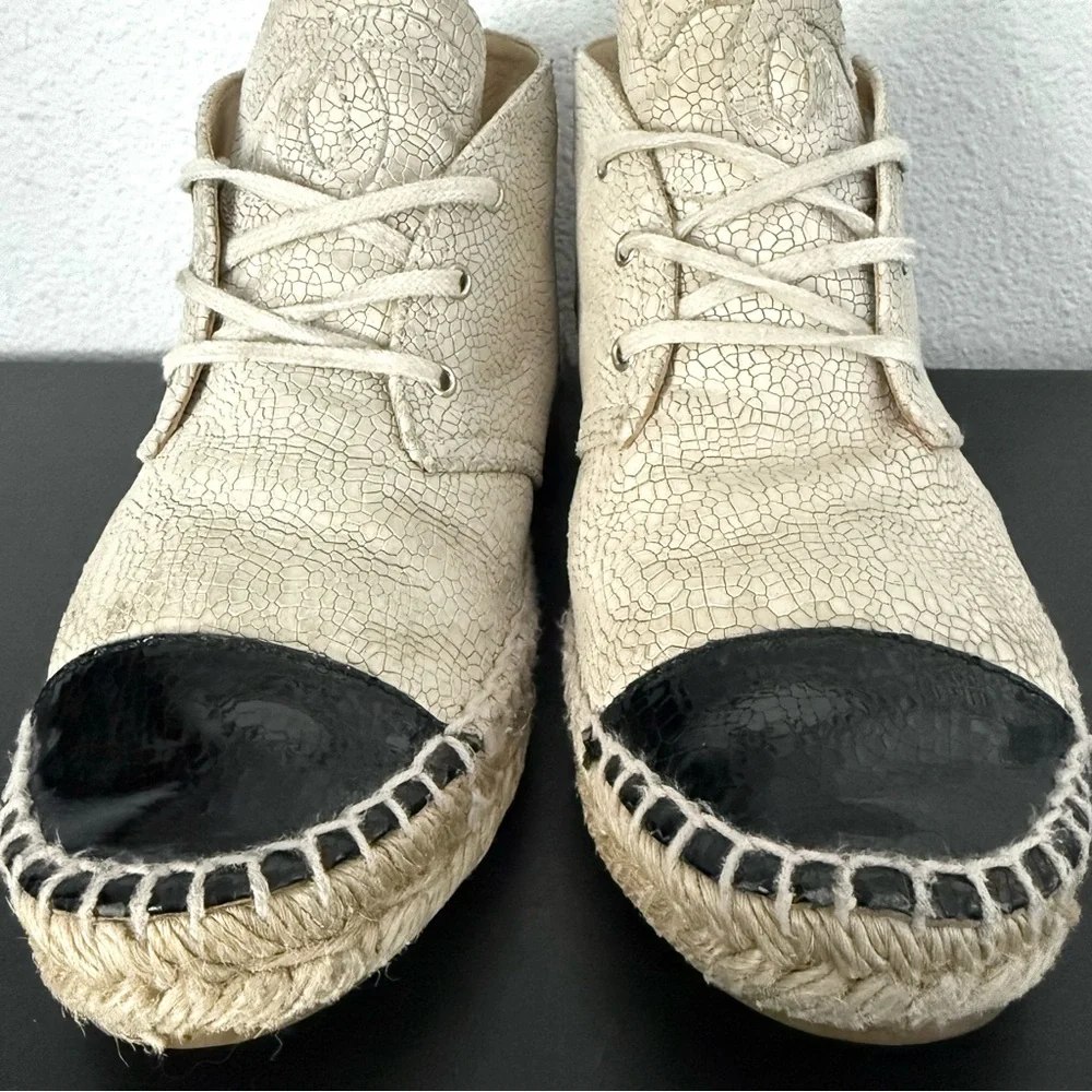 Chanel Two Tone Crackle Leather CC Logo Espadrille Lace Up High Top Sneakers